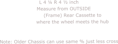 L 4 ¼ R 4 ½ inch       Measure from OUTSIDE                  (Frame) Rear Cassette to                  where the wheel meets the hub                                        Note: Older Chassis can use same % just less cross